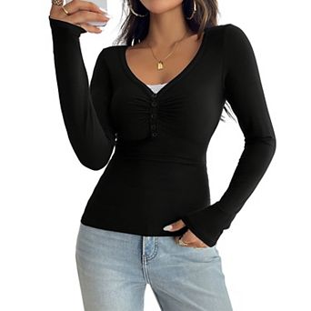 Women's Ruched V-Neck Henley Top, Slim-Fit Long Sleeve Stretch Knit Blouse
