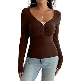 Women's Ruched V-Neck Henley Top, Slim-Fit Long Sleeve Stretch Knit Blouse