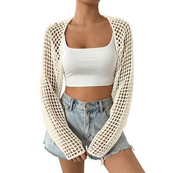 Women Cropped Knit Top Hollow Out Shrug Sweater See Through Cover Up