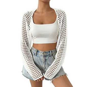 Women Cropped Knit Top Hollow Out Shrug Sweater See Through Cover Up