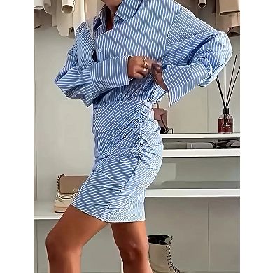 Women's Casual Striped Mini Dress Button Front Long Sleeve Ruched Shirt Dress