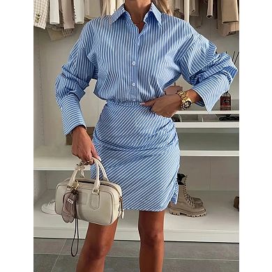 Women's Casual Striped Mini Dress Button Front Long Sleeve Ruched Shirt Dress
