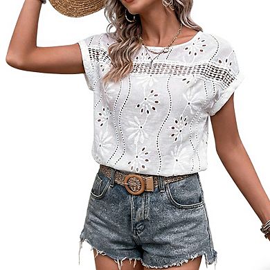 Women's Crew Neck Short Sleeve Eyelet Embroidery Lace Trim Relaxed Fit Top