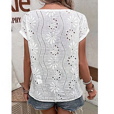 Women's Crew Neck Short Sleeve Eyelet Embroidery Lace Trim Relaxed Fit Top