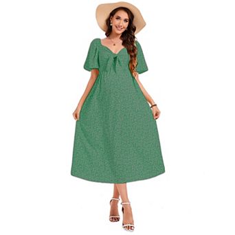 Women's Maternity Knotted V Neck Maxi Dress Casual Floral Ruffle Sleeve Flowy Long Dress