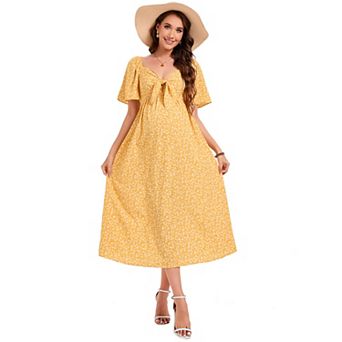 Women's Maternity Knotted V Neck Maxi Dress Casual Floral Ruffle Sleeve Flowy Long Dress