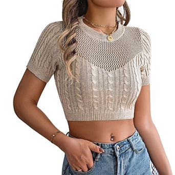 Women's Hollow Out Cable Knit Shirt Short Sleeve Cropped Top Crew Neck Openwork Summer Casual Blouse