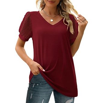 Womens Swiss Dot Puff Short Sleeve Shirt Loose Fit T-Shirt Summer Casual V Neck Soft Top Boho Blouse