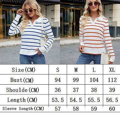 Women's Knitted Collared Sweaters Long Sleeve V-Neck Polo Shirts Casual Loose Pullover Tops