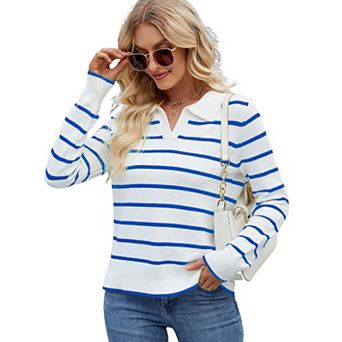 Women's Knitted Collared Sweaters Long Sleeve V-Neck Polo Shirts Casual Loose Pullover Tops