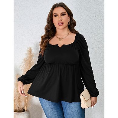 Womens Plus Size Peplum Tops Puff Long Sleeve Square Neck Blouse Ruffle Hem Pullover Babydoll Top