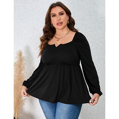 Womens Plus Size Peplum Tops Puff Long Sleeve Square Neck Blouse Ruffle Hem Pullover Babydoll Top