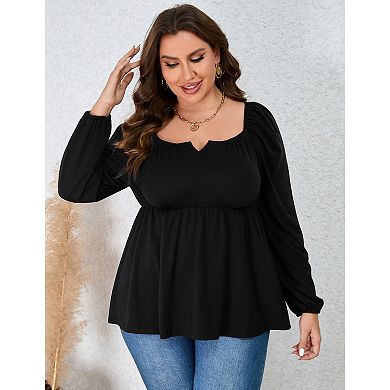 Womens Plus Size Peplum Tops Puff Long Sleeve Square Neck Blouse Ruffle Hem Pullover Babydoll Top