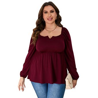 Womens Plus Size Peplum Tops Puff Long Sleeve Square Neck Blouse Ruffle Hem Pullover Babydoll Top