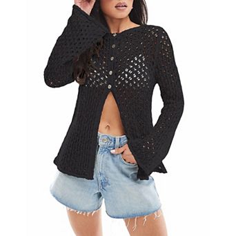 Womens Crochet Cardigan Sweaters Summer Boho Bell Long Sleeve Hollow Out Knit Cover Up Swim Tops