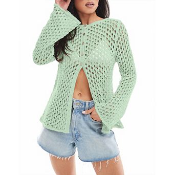 Womens Crochet Cardigan Sweaters Summer Boho Bell Long Sleeve Hollow Out Knit Cover Up Swim Tops