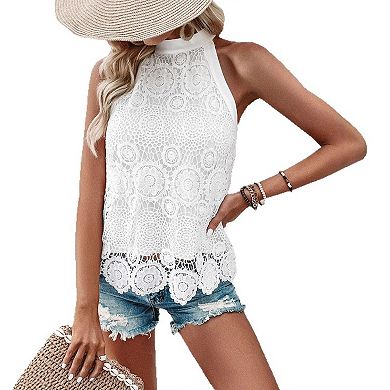 Women's Halter Neck Lace Tank Top, Tie-Back Sleeveless Romantic Summer Blouse