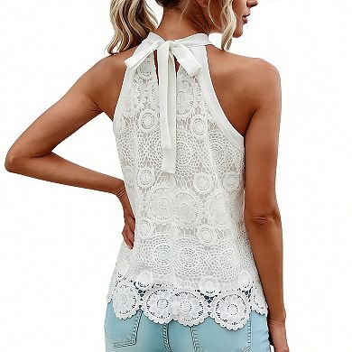 Women's Halter Neck Lace Tank Top Tie Back Scalloped Hem Sleeveless Blouse