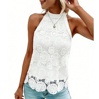 Women's Halter Neck Lace Tank Top Tie Back Scalloped Hem Sleeveless Blouse