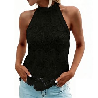 Women's Halter Neck Lace Tank Top Tie Back Scalloped Hem Sleeveless Blouse
