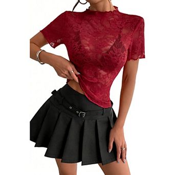 Women's Sheer Lace Mock Neck Top, Short Sleeve Semi-Sheer Floral Lace Summer Blouse