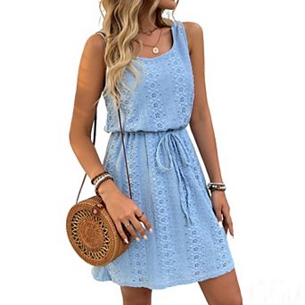 Women's Lace Hollow Out Mini Dress Drawstring Waist Sleeveless Square Neck Summer Casual Short Dress