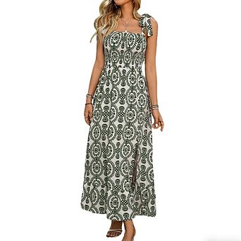 Women Bohemian Floral Print Maxi Dress Square Neck Tie Shoulder Sleeveless Split Summer Dress