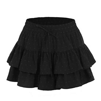 Womens Summer Workout Pleated Layered Drawstring Skirt Built-in Shorts Mini Skirt