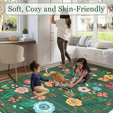 Washable Area Rugs for Living Room Bedroom,Soft Floral Carpet, Non Slip&Fade Resistant Foldable Mat