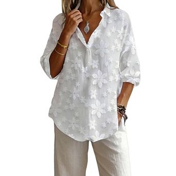 Women's Floral Jacquard Button Down Shirt, 3/4 Sleeve Sheer Blouse, Loose Fit Casual Top for Summer