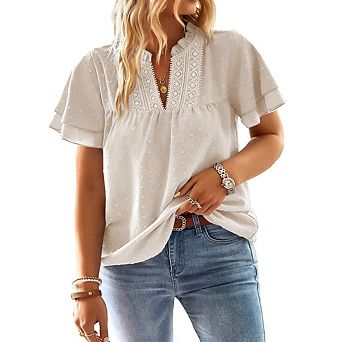 Women's Tops Ruffle Short Sleeve V Neck Blouses Dressy Casual Flowy Swiss Dot Shirts