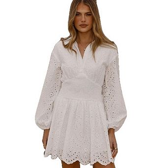 Women's Boho Eyelet Lace Shirt Dresses Long Puff Sleeve Hollow Out V Neck Button Down Smocked Dress