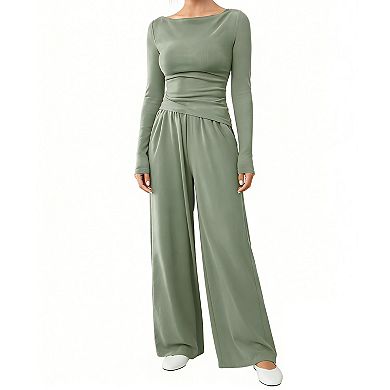 Women's 2-Piece Ruched Top & Wide-Leg Pants Set Minimalist Workout Loungewear