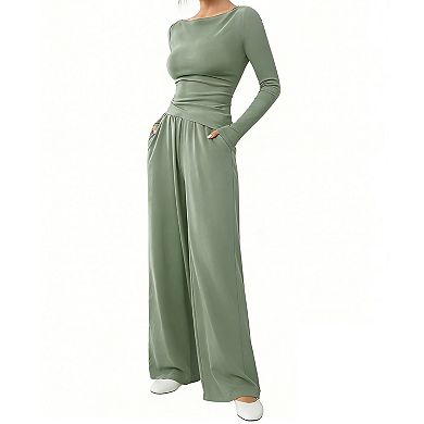Women's 2-Piece Ruched Top & Wide-Leg Pants Set Minimalist Workout Loungewear