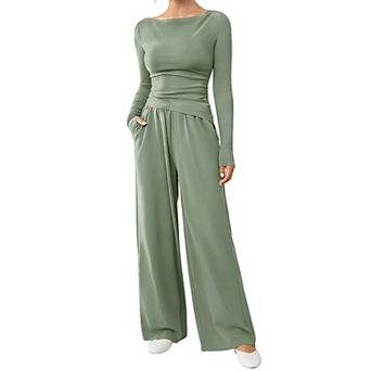 Women's 2 pc Ruched Top & Wide-Leg Pants Set Minimalist Workout Loungewear