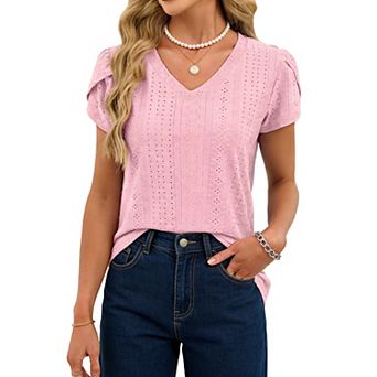 Women's Eyelet Knit V-Neck Blouse, Puff Short Sleeve Lilac Casual Summer Top