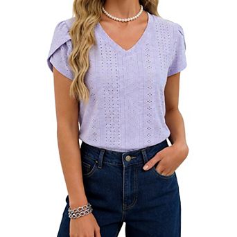 Women's Eyelet Knit V-Neck Blouse, Puff Short Sleeve Lilac Casual Summer Top