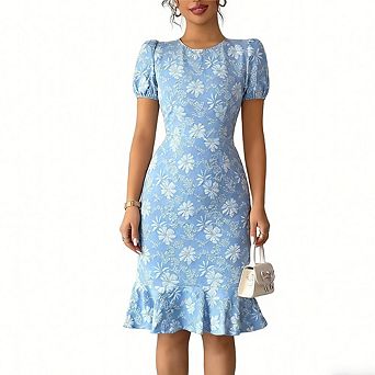 Women's Bodycon Midi Dress Floral Embossed Puff Sleeve Ruffle Hem Dress