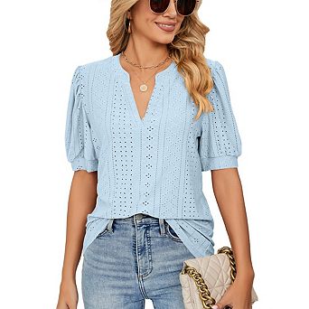 Women's Summer Hollow Out Blouses Short Sleeve Business Dressy Casual V Neck Tops