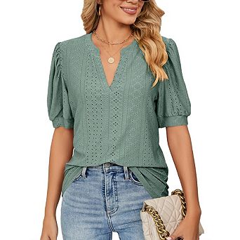 Women's Summer Hollow Out Blouses Short Sleeve Business Dressy Casual V Neck Tops