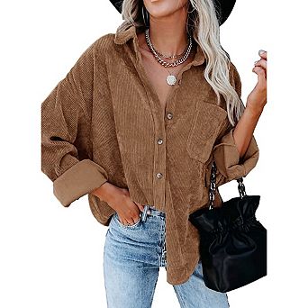 Women's Corduroy Button Down Shirts Dressy Casual Long Sleeve Blouses Tops Jackets Shackets