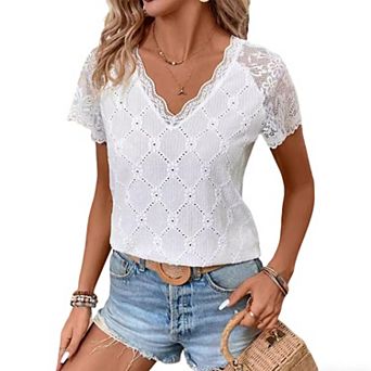 Women's Eyelet Hollowed Out Shirt Lace Short Sleeve Top Summer Casual V Neck Embroidery Soft Blouse