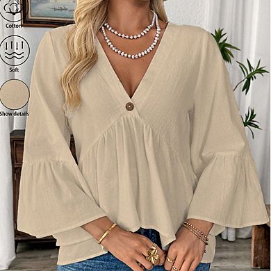 Women's V Neck Single Button Front Flared Bell Sleeve Lightweight Peplum Blouse
