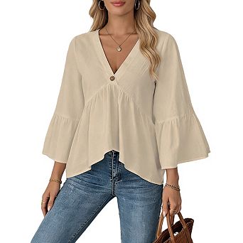 Women's V Neck Single Button Front Flared Bell Sleeve Lightweight Peplum Blouse
