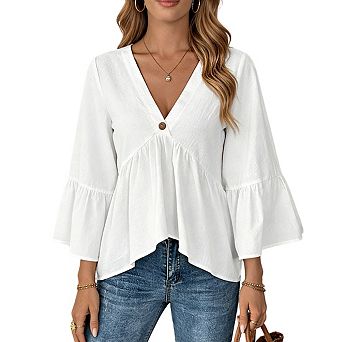 Women's V Neck Single Button Front Flared Bell Sleeve Lightweight Peplum Blouse