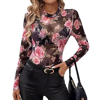 Womens Mock Neck Sheer Mesh Long Sleeve Shirt Rose Floral Summer Top Silm Fitted Casual Chic Blouse