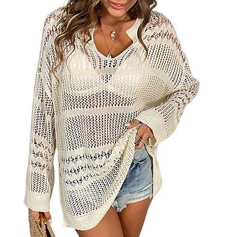 Women's Summer Swimsuit Cover Up U Neck Long Sleeve Crochet Tops Hollow Out Swimwear Bathing Suit