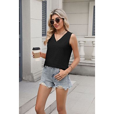 Women Sleeveless V Neck Textured Tank Top Loose Fit Solid Color Casual Blouse