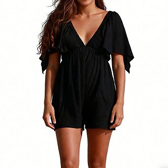 Women's One Piece Romper V-Neck Ruffle Sleeve Pleated Waist Outfit