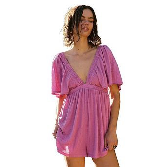 Women's One Piece Romper V-Neck Ruffle Sleeve Pleated Waist Outfit